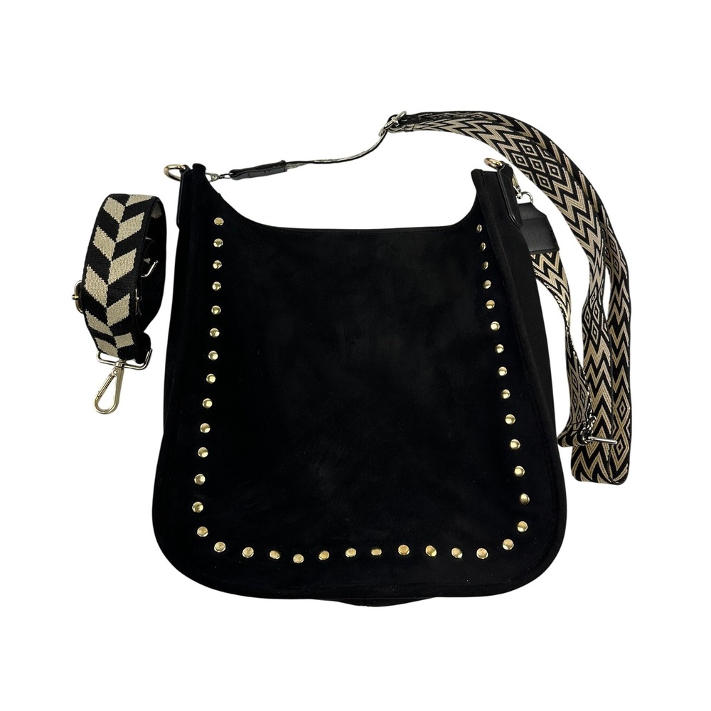 Ah-dorned Classic Vegan Suede Messenger Bag Black Boho Studded Suede Crossbody